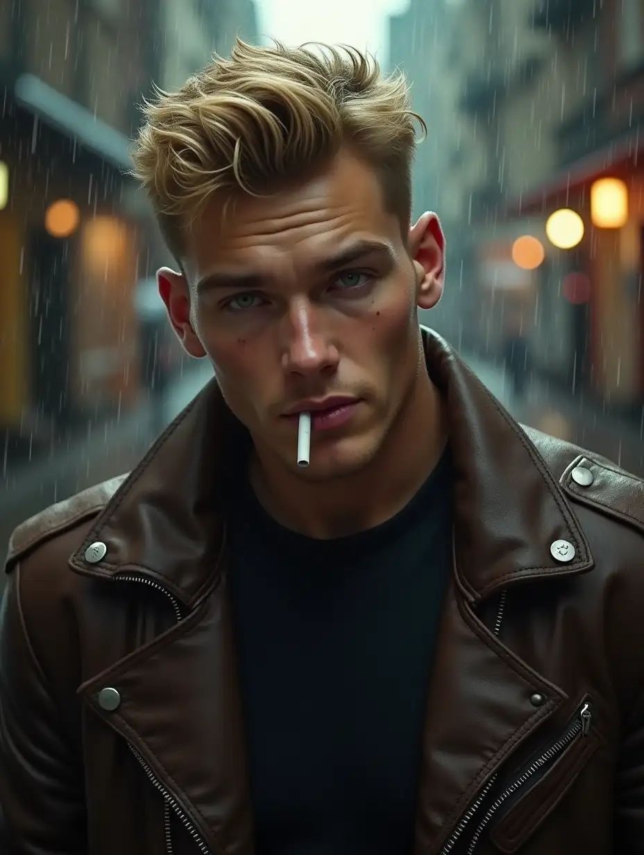 20 YEARS OLD, YOUNG MAN, NO FOREHEAD LINES, uniquely extremely handsome, and manly, short blond hair, sharp green eyes, Mafia, Not identical but he looks like tom hardy, Strong physique, buff and thick but not fat, pseudo-realistic style, the background is street raining and he is smoking a cigarette, he is wearing a classic leather jacket with black t-shirt