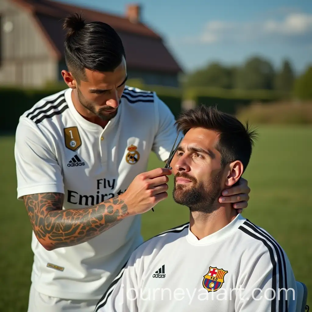 Cristiano-Ronaldo-Giving-Lionel-Messi-a-Haircut-in-Rural-Farm-Setting