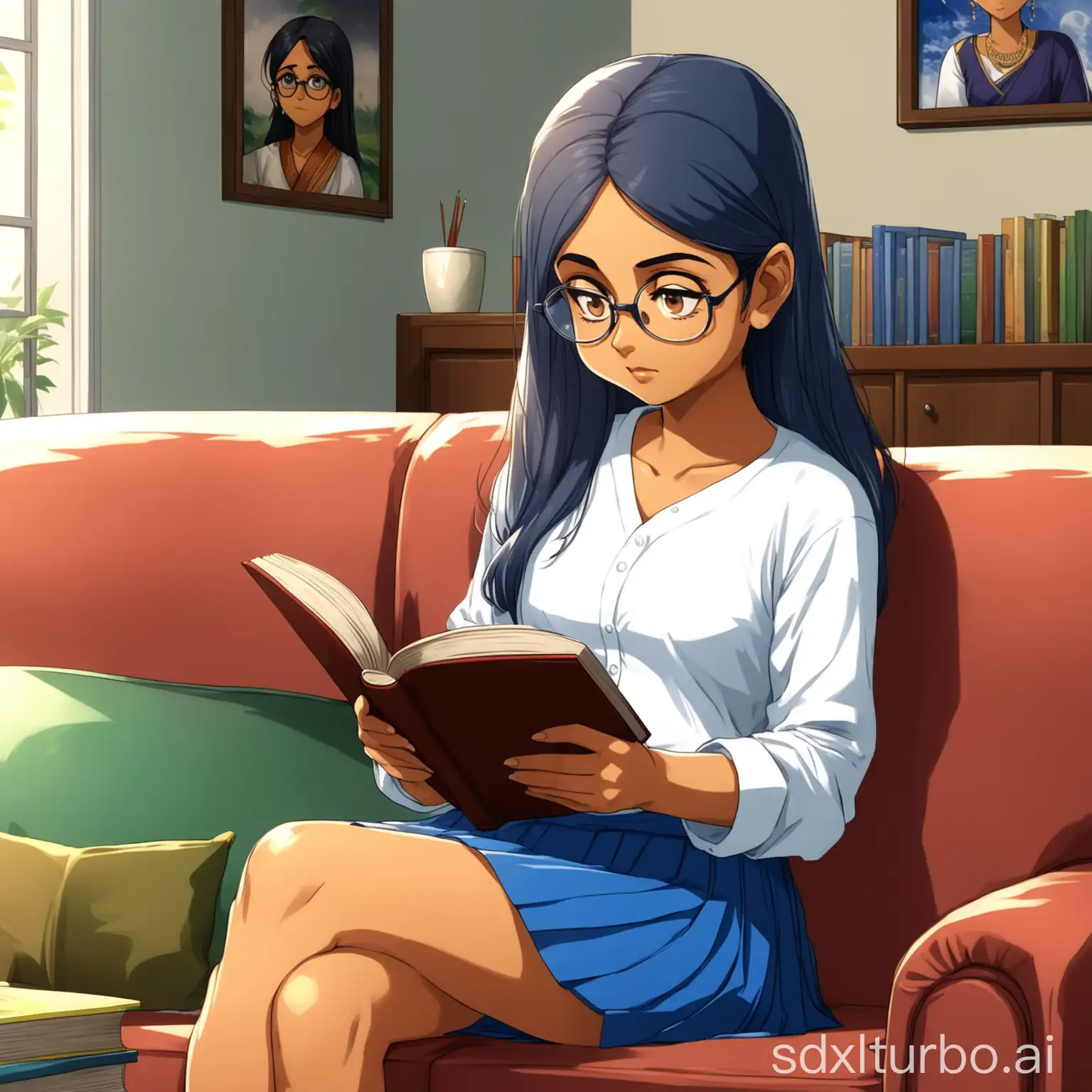 Young-Indian-Girl-Reading-Book-on-Sofa-in-Anime-Style