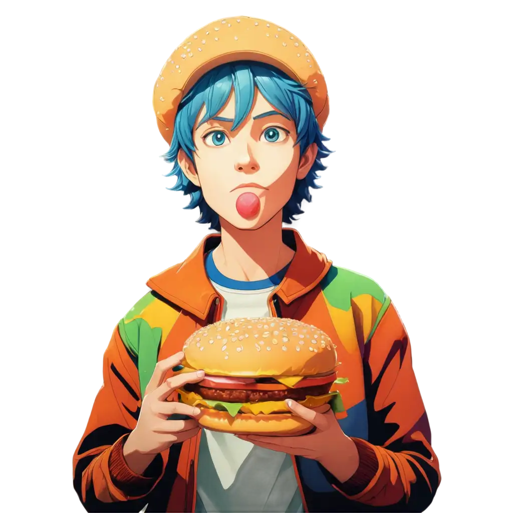 Anime-Character-Eating-Burger-in-Psychedelic-PNG-Image