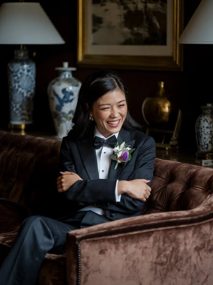 A portrait miling and sexy 35 year old Chinese woman with ebony black hair reaching below her shoulders, wearing a tuxedo with a corsage and black tuxedo pants and a back bowtie and a black cummerbund, seated alone on a plush couch in a dark room.  She is facing and looking forward and she is laughing.  Her white shirt has double french cuffs with gold cufflinks. She is folding her arms.