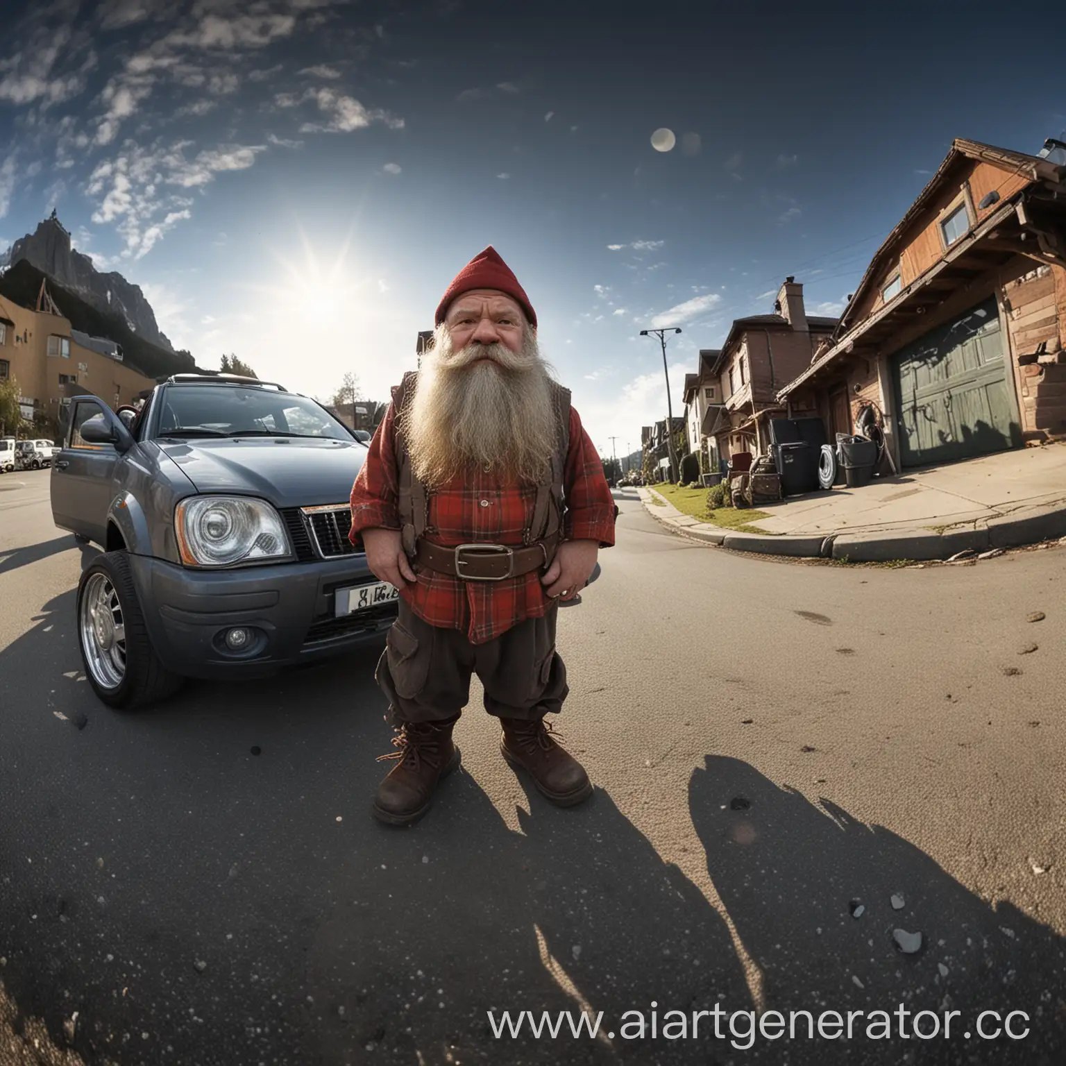 Dwarf-Standing-Near-Car-with-Fisheye-Effect