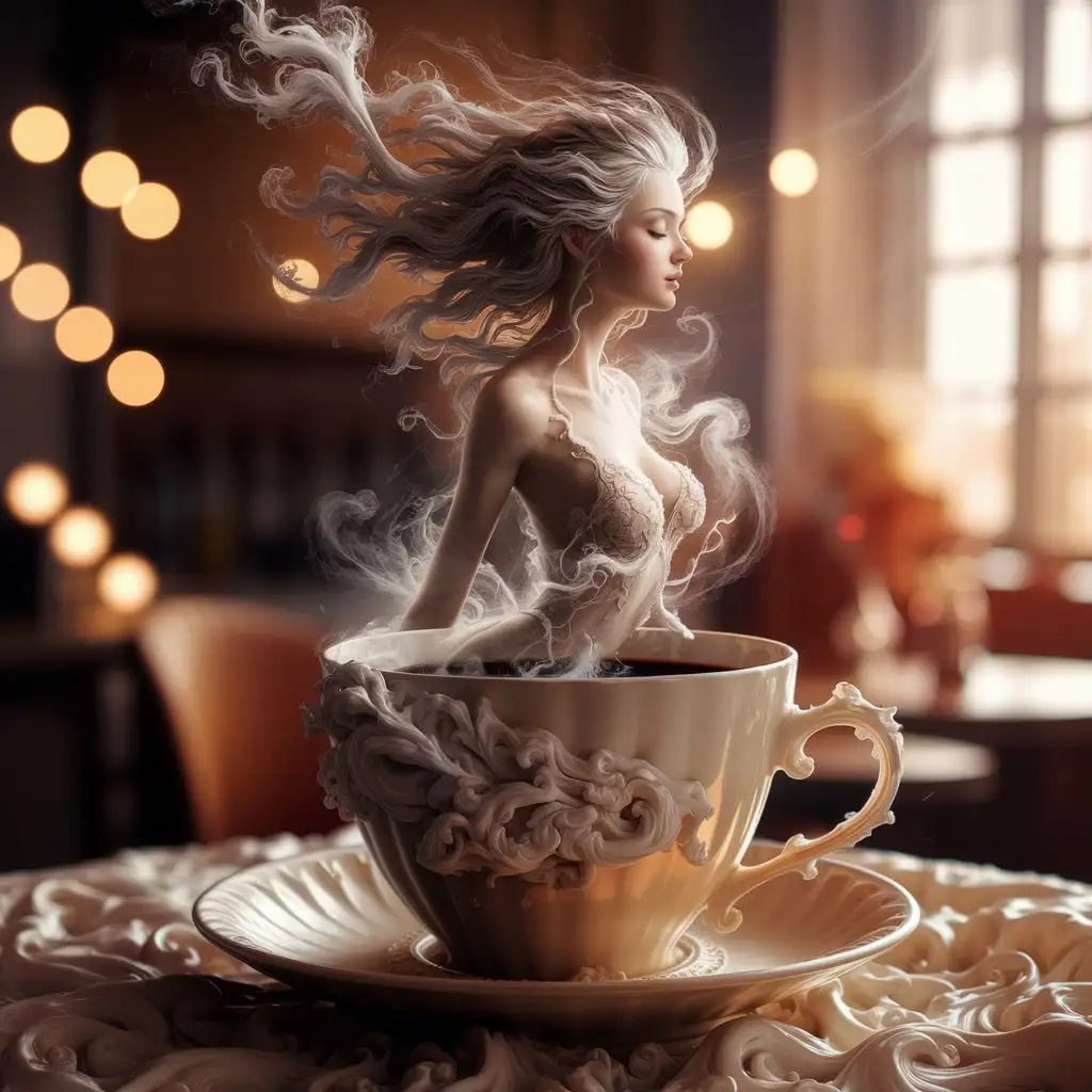 Serene-Woman-Emerging-from-Steaming-Coffee-in-Cozy-Caf