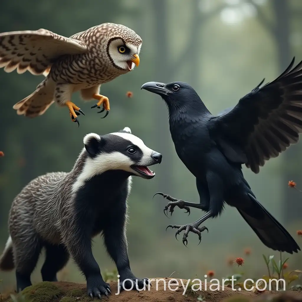 Epic-Realistic-Scene-of-a-Badger-Owl-and-Crow-in-Attack