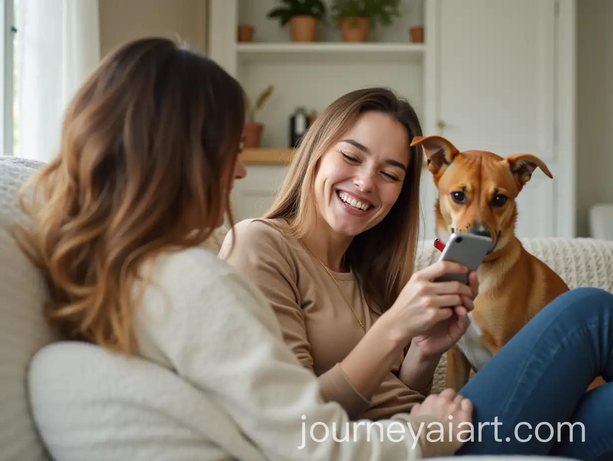 Woman-Smiling-and-Having-Fun-with-Smartphone-at-Home-with-Pet