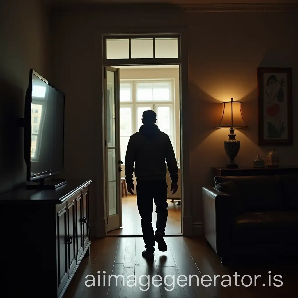 man exiting a room where the television is on