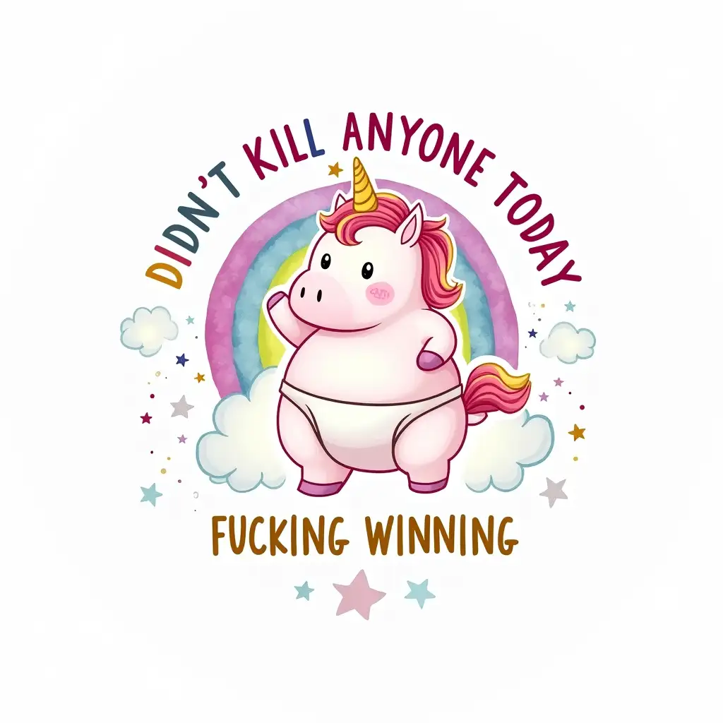 Vector, Watercolor art. Create a vibrant, whimsical graphic featuring a chubby unicorn wearing a diaper and holding a star. The unicorn should be standing on a cloud, with a rainbow in the background. The text 'DIDN'T KILL ANYONE TODAY' should be prominently displayed in bold, contrasting fonts. The phrase 'FUCKING WINNING' should be written below in a smaller, playful font. Consider adding glitter or other decorative elements to enhance the visual appeal. The overall style should be lighthearted and fun, with a touch of sassiness.