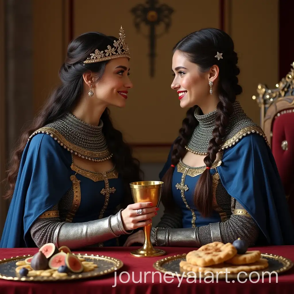 Young-Female-Knight-Queen-and-Baroness-Sharing-a-Feast-in-a-Luxurious-Medieval-Tent