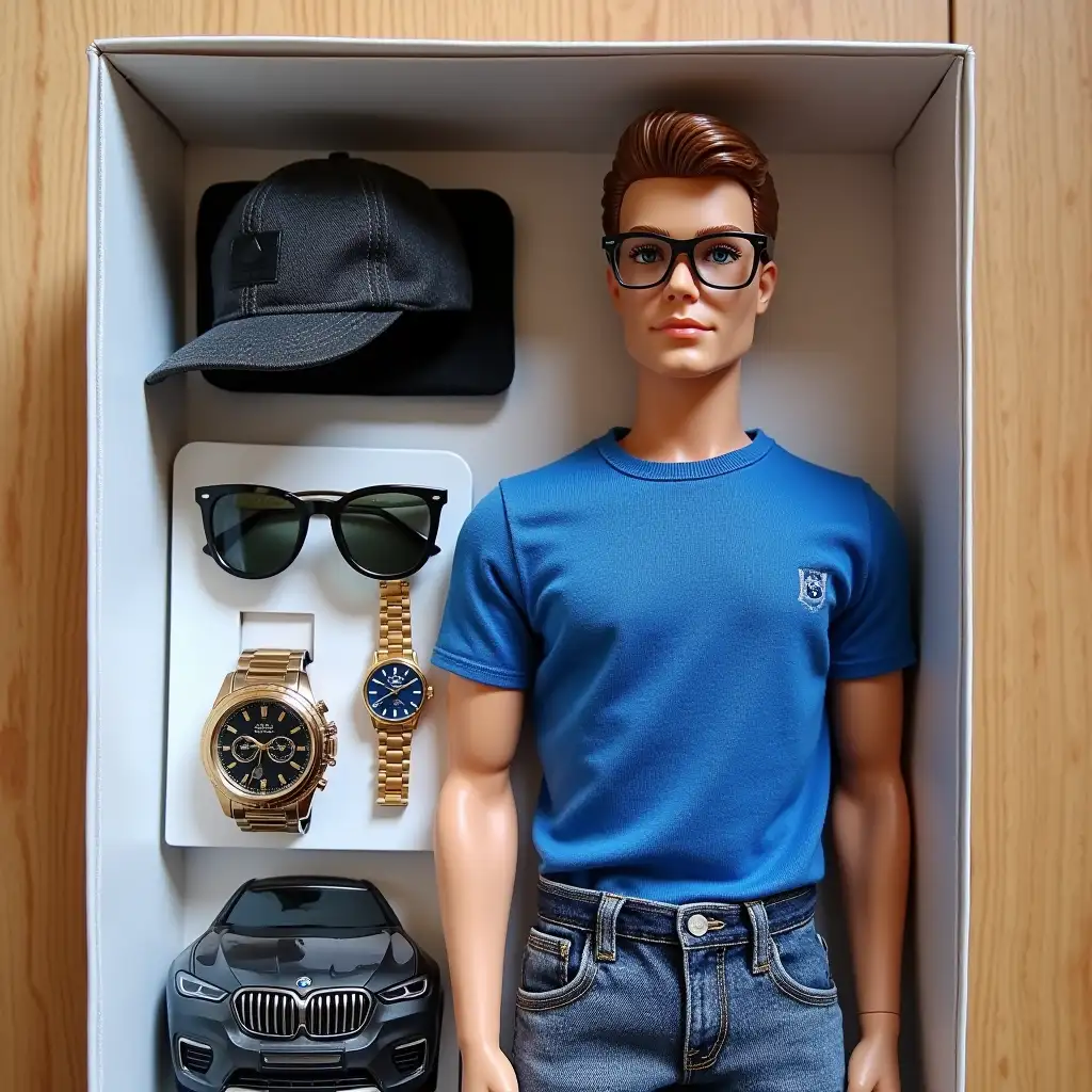 Doll in Barbie Ken style. In the box, accessories: glasses, BMW car, watches. The inscription 'Evgeny' on the box. Doll in a flesh-colored cap, glasses, blue t-shirt and jeans.