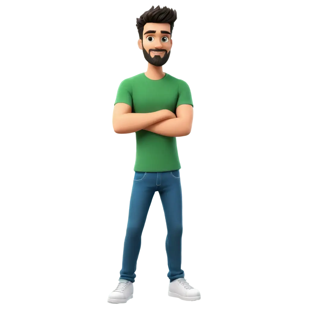 3D-Vector-PNG-Image-of-a-Healthy-Athletic-Bearded-Guy-in-a-Green-TShirt-and-Jeans-Cartoon-Style-with-Green-Eyes-on-White-Background