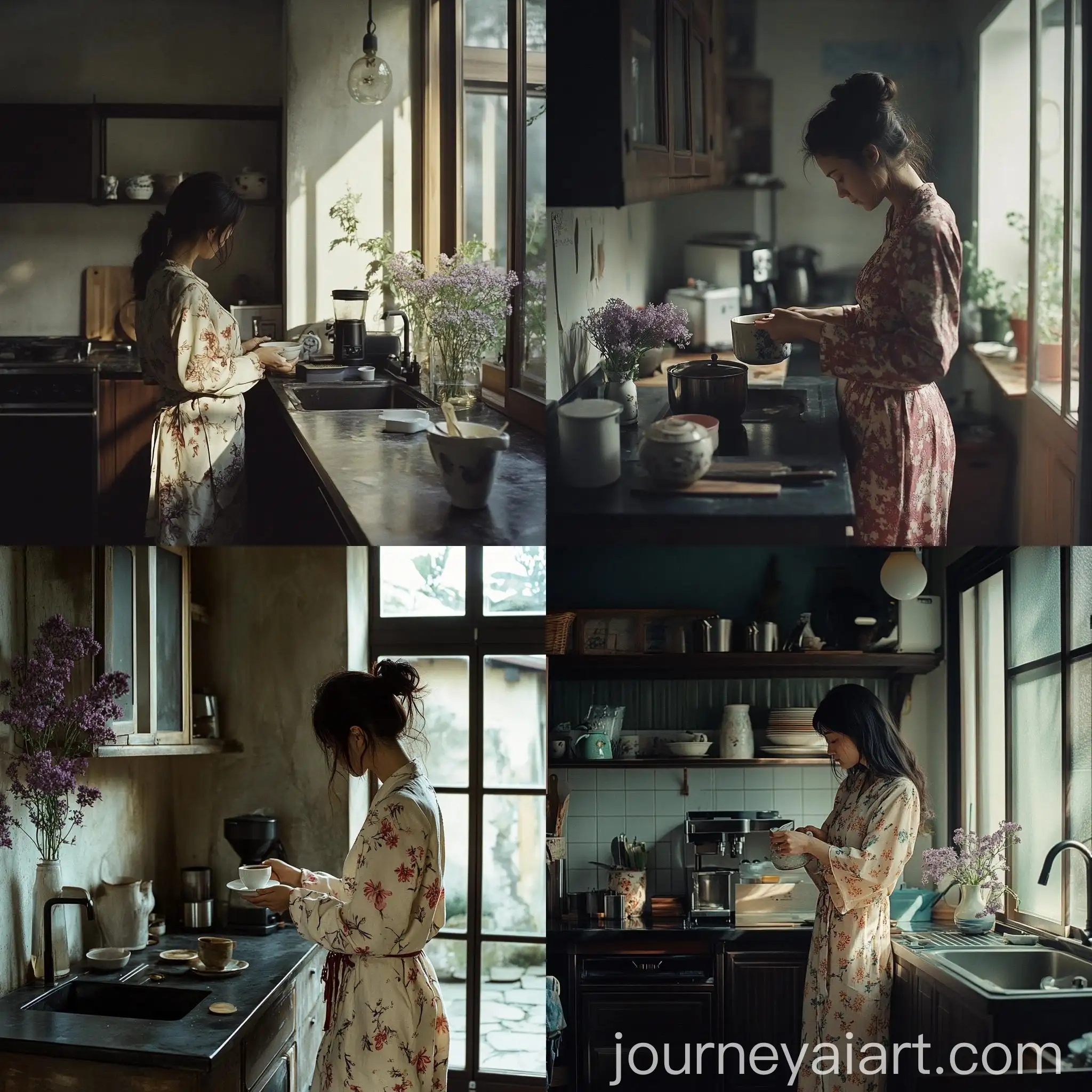 Cozy-Oriental-Pajama-Woman-Making-Coffee-in-Wabisabi-Style-Kitchen