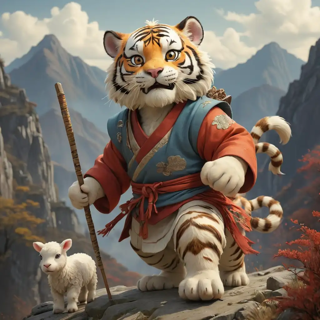 Tiger-and-Lamb-Hiking-in-Ancient-Chinese-Attire-on-Mountain-Trails