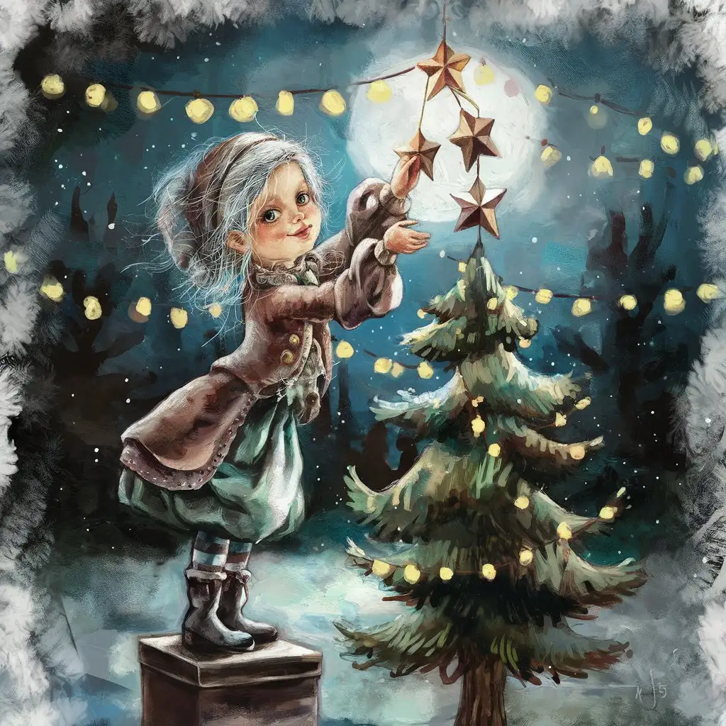 Whimsical Little Girl Hanging Christmas Star Ornaments in Moonlit Winter Scene