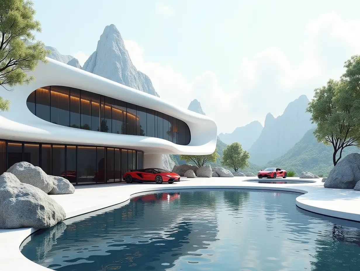 Create a high-resolution realistic image of a futuristic white building with black and gold, curved pillars, large trees mountains, rocks pool and a futuristic glass panel with red striped cars