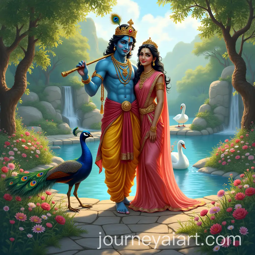 Krishna-and-Radha-in-a-Tranquil-Garden-with-Peacock-and-Swan