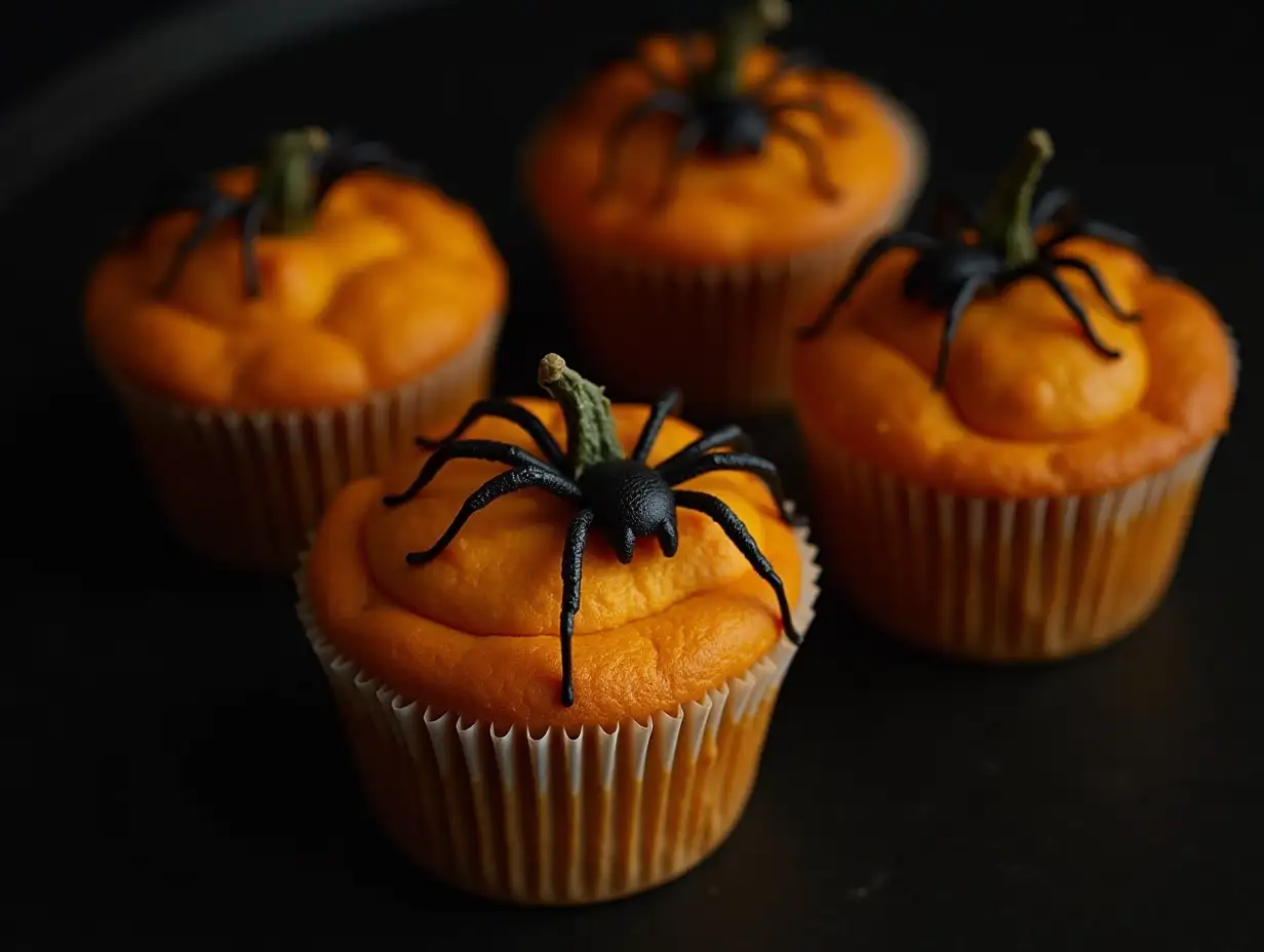 Spooky-Halloween-Pumpkin-Muffins-with-Decorative-Spiders