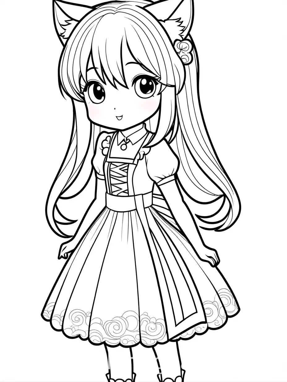 Kawaii, Cute, Sweet, Pink, Anime, Neko, Idol, Girl, Beautiful, Young, Pink Dress, Anime, Coloring Page, black and white, line art, white background, Simplicity, Ample White Space. The background of the coloring page is plain white to make it easy for young children to color within the lines. The outlines of all the subjects are easy to distinguish, making it simple for kids to color without too much difficulty
