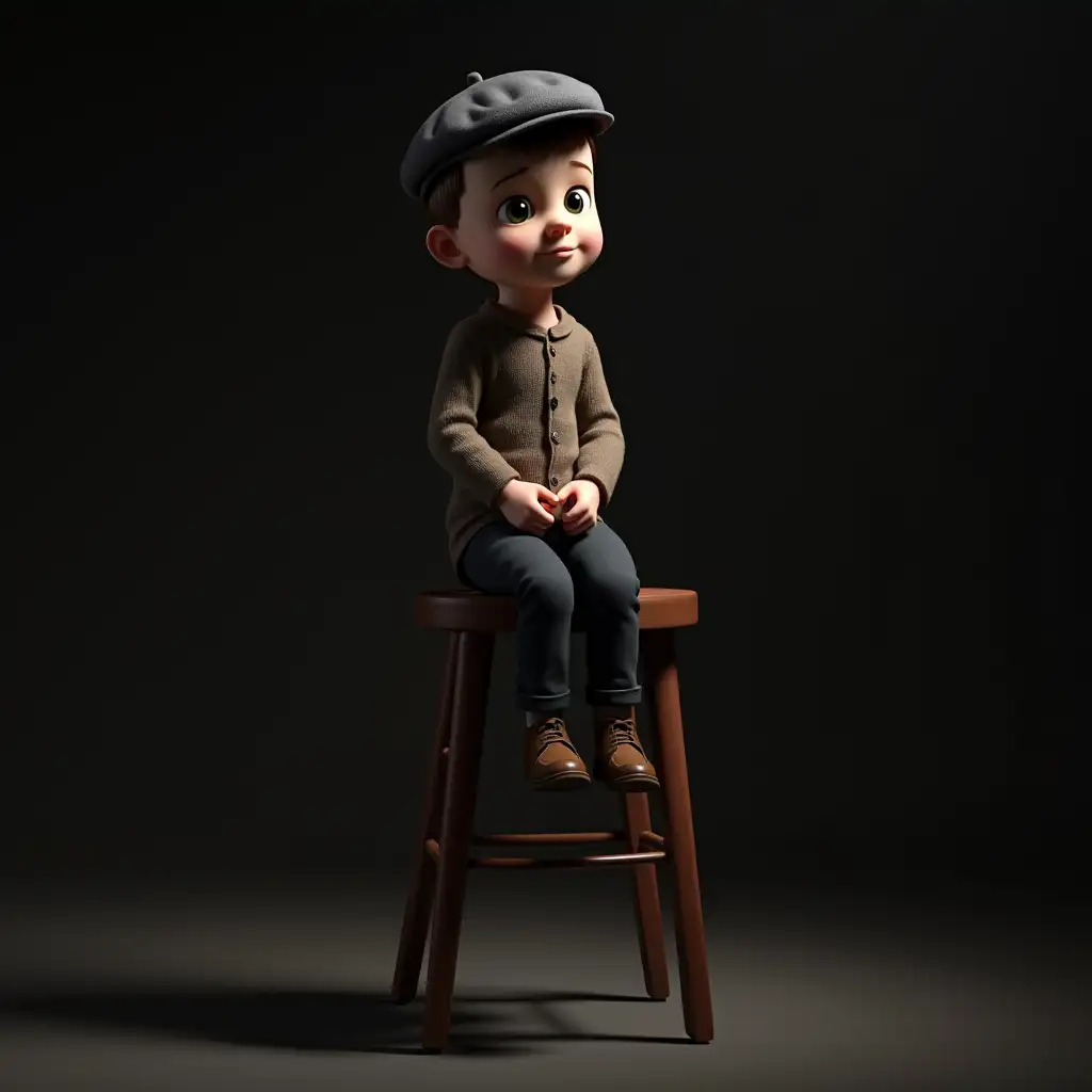 Little-Boy-in-a-French-Beret-Sitting-on-a-Stool-in-a-Dark-Environment