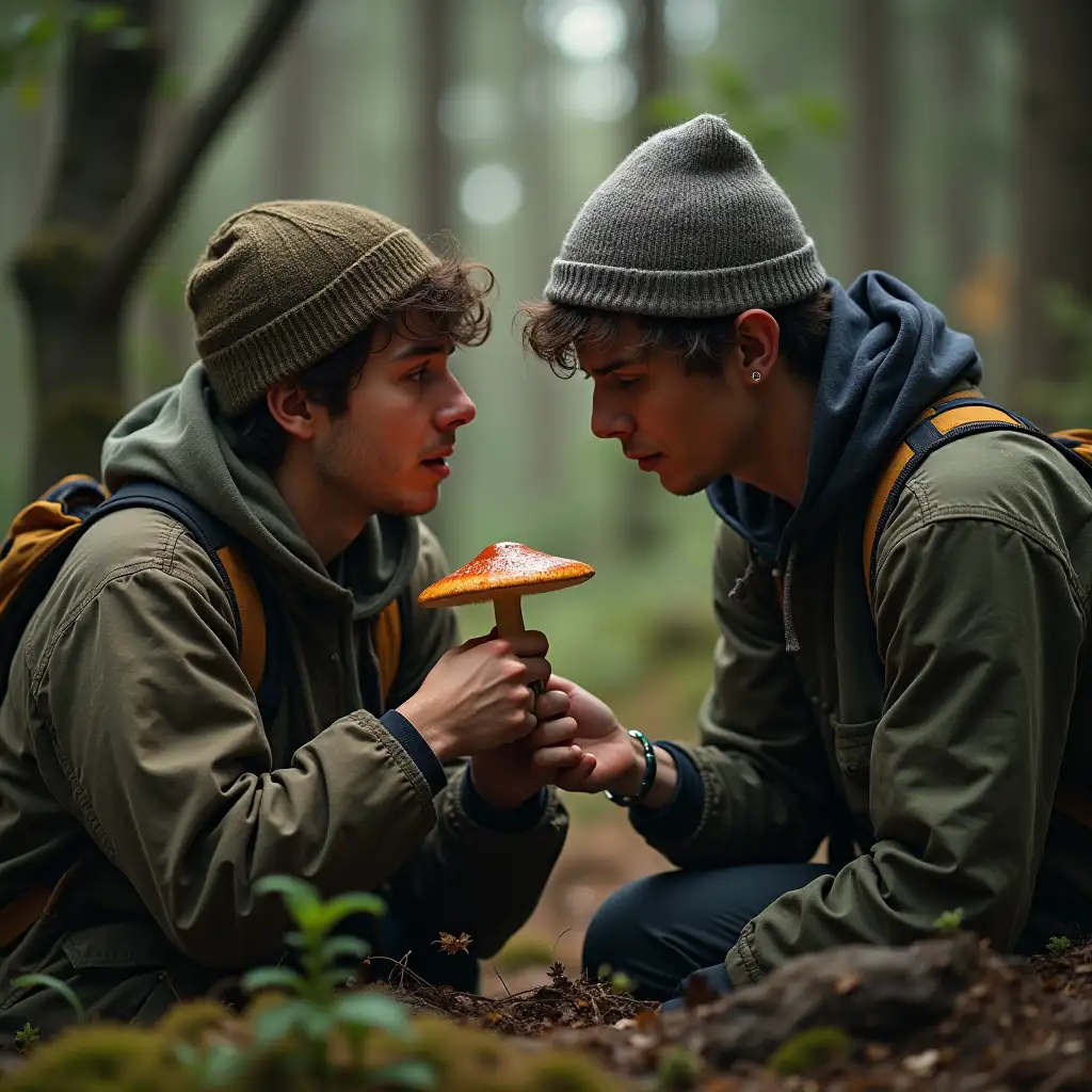 two guys about 20 years old picked a mushroom in the forest and looked at it