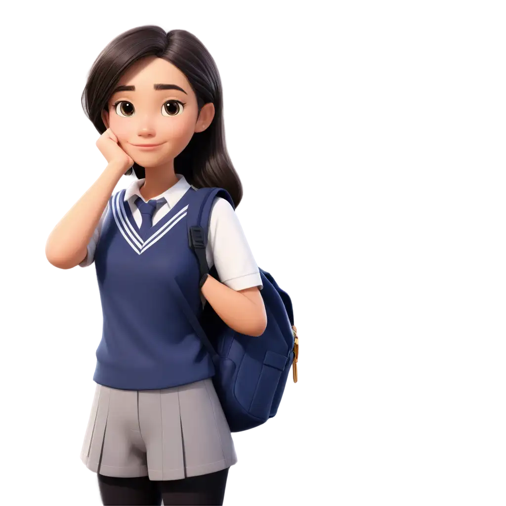 female student cartoon in SMP uniform thinking holding chin