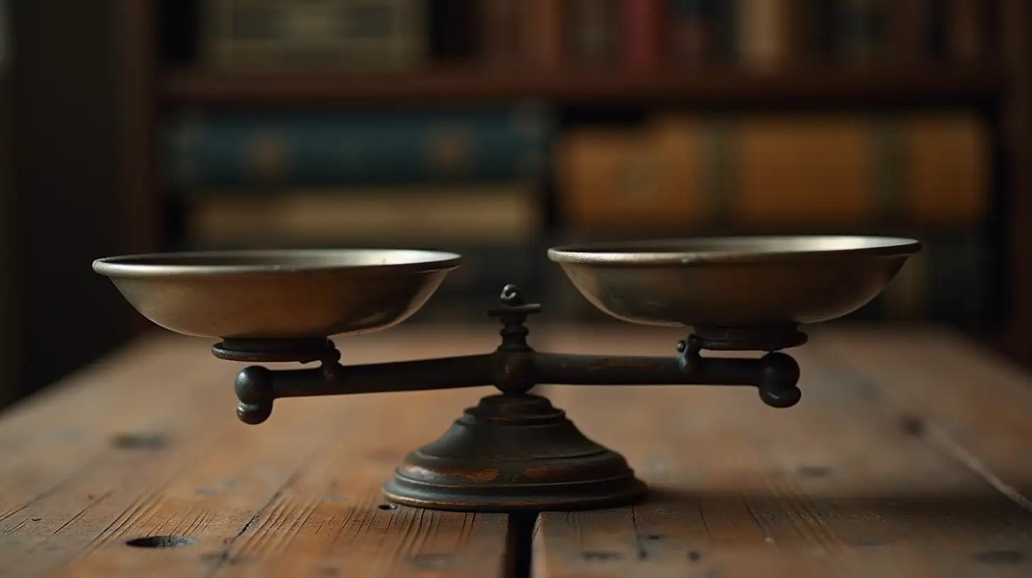 Vintage Balance Scales on Wooden Table with Books