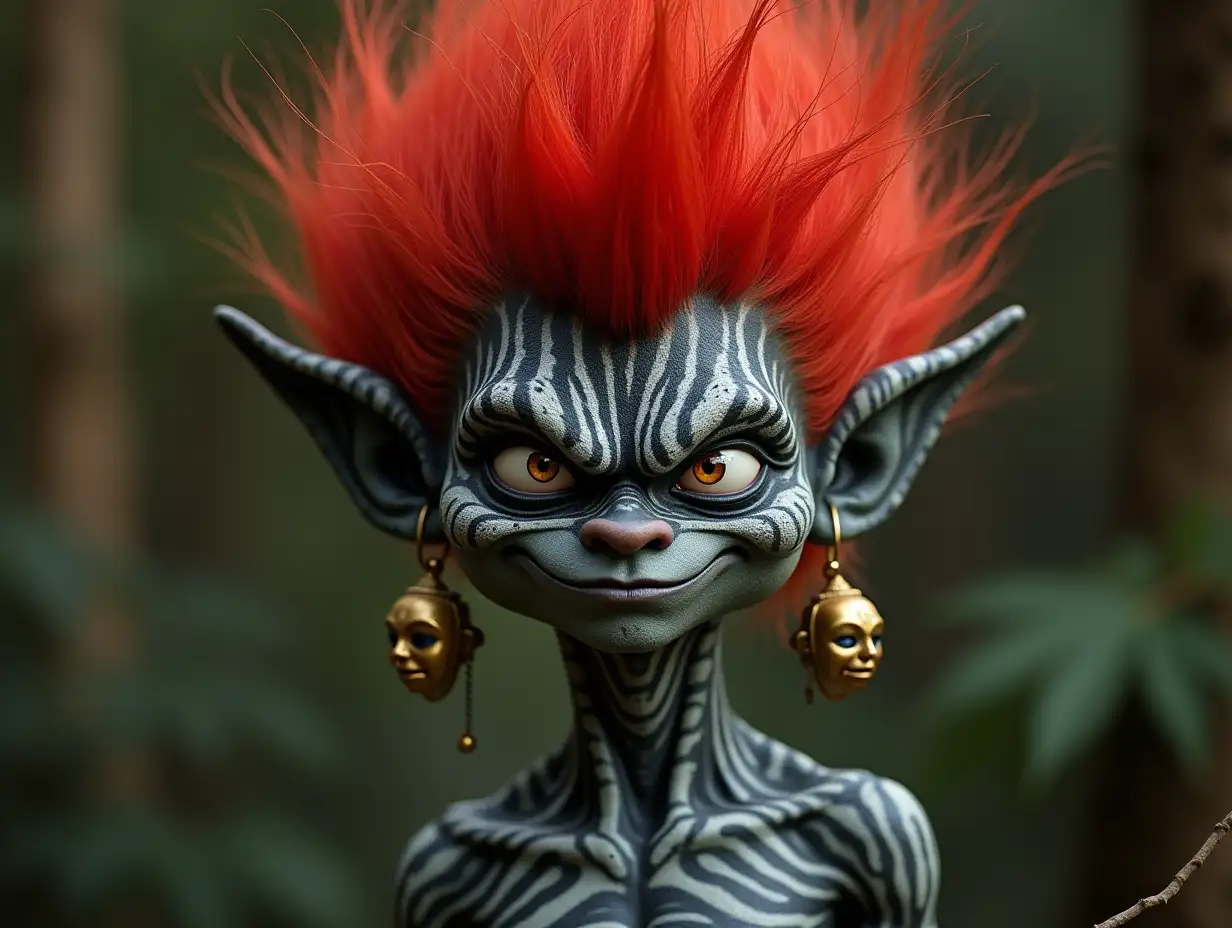 CI Boy black and white patterned Troll with young black-white pattern, Alien face, long neck, sharp chin, with red hair, with a angry face, green Cannabis leaf earrings emphasizing her anger, modern, in a temple of much gold, different shades 4k colorful