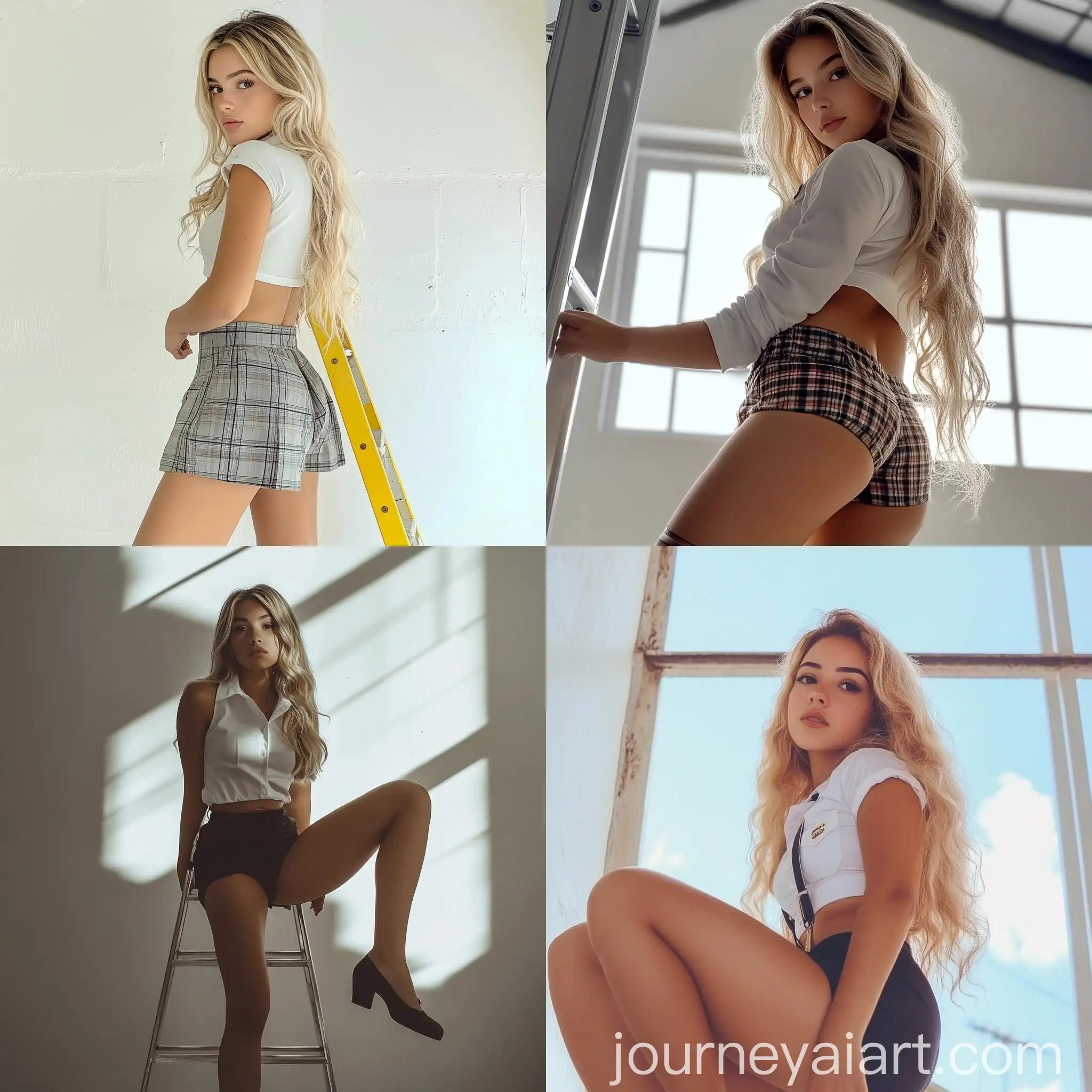 Brazilian-Woman-in-School-Uniform-Climbing-Ladder-at-Photography-Studio