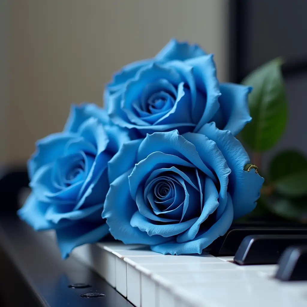 Blue roses on piano keys, background is melodies