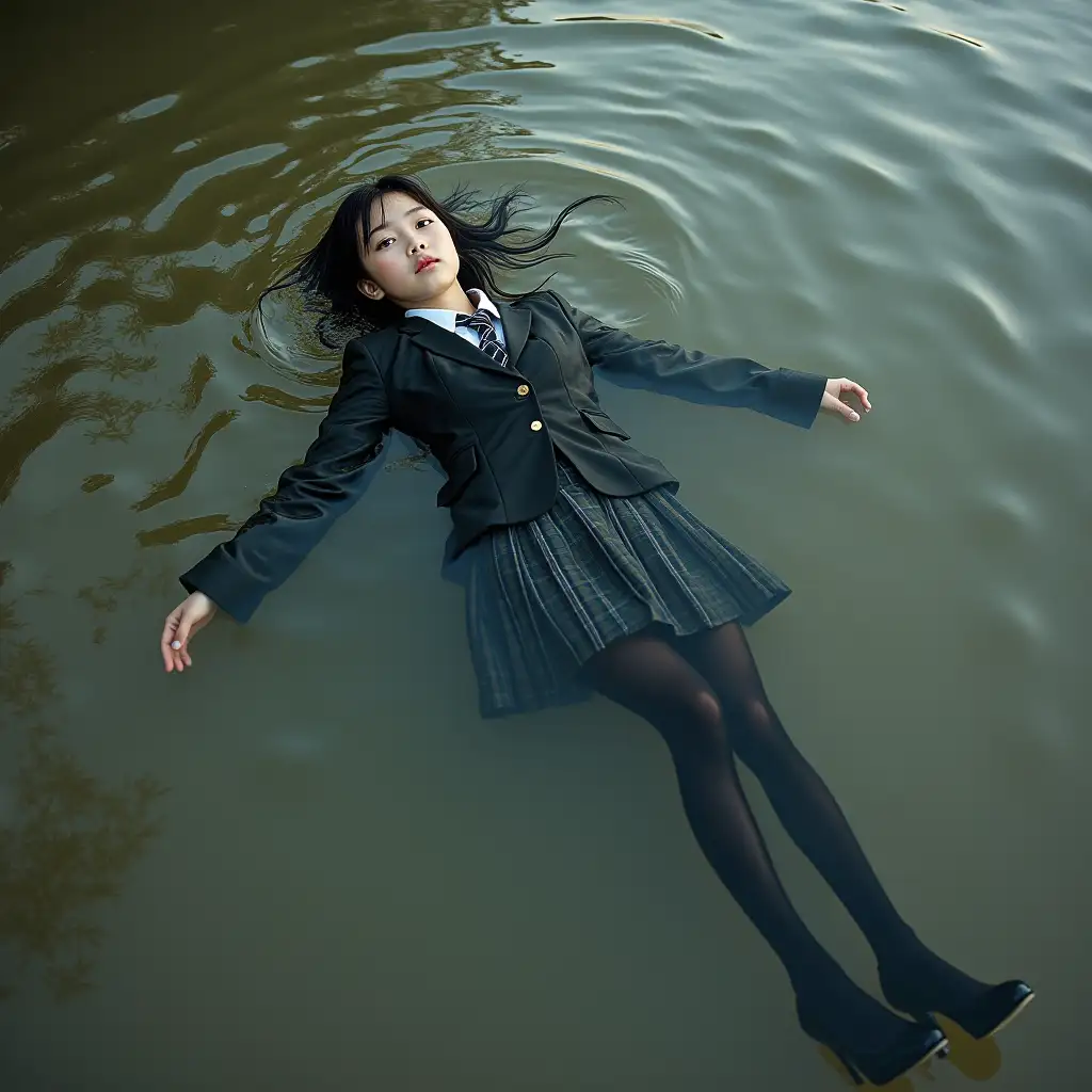 Schoolgirl in a school uniform suit, in a skirt, jacket, blouse, dark tights, high-heeled shoes. She is swimming in a dirty pond, lying underwater, all her clothes are completely wet, wet clothes stick to her body, the whole body is underwater, submerged in water, under the surface of the water, below the water's edge.