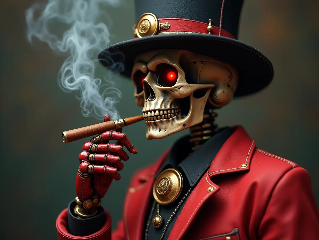 Create a high-resolution, realistic image of a robot with a skeleton body, red porcelain hands and head, a fashionable tracksuit, a Steampunk top hat with a smoking cigar in its mouth, 4K resolution (Steampunk 8K quality).