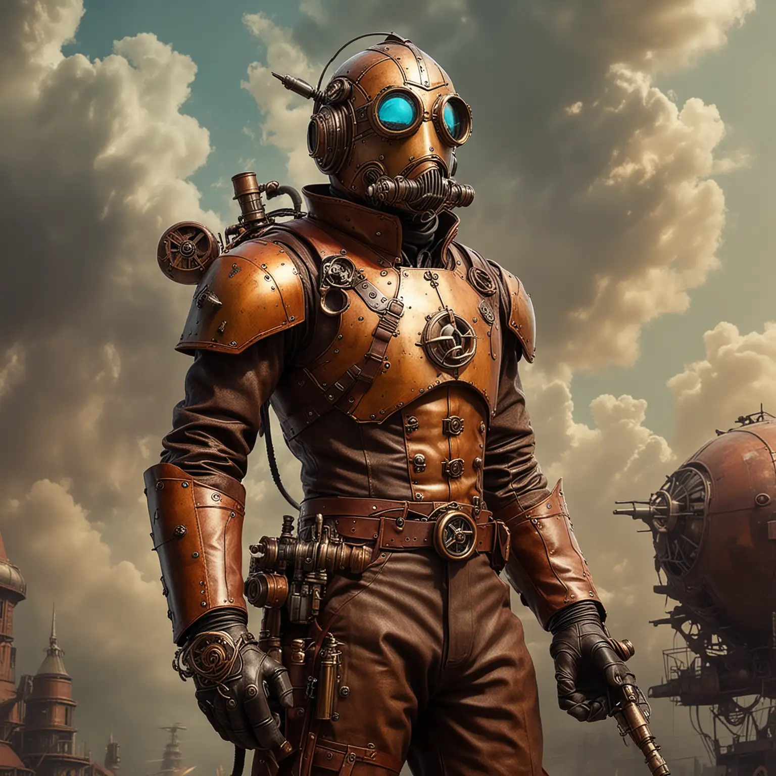 Steampunk Rocketeer in Mysterious Industrial Landscape