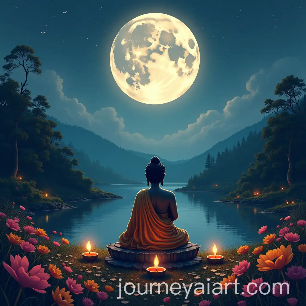 Buddha-Meditating-by-the-River-Under-the-Full-Moon-with-Flowers-and-Diyas
