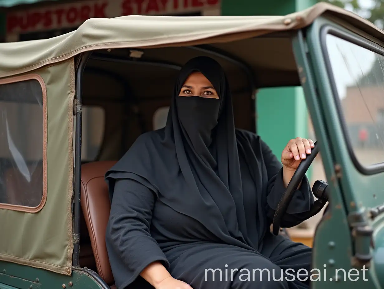 Curvy Muslim Woman in Burka in Open Jeep Outside Butcher Shop