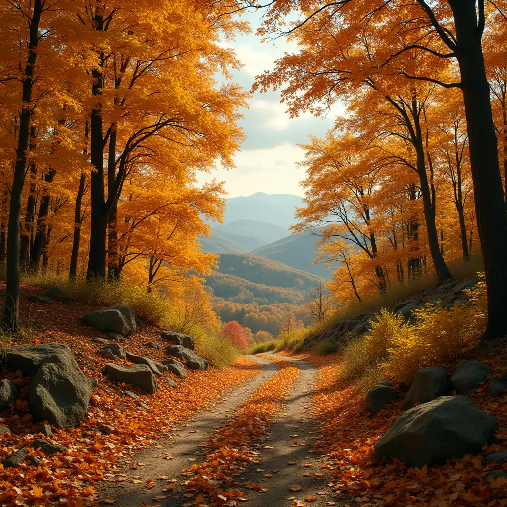 Tranquil Autumn Landscape with Golden Trees and Dirt Path