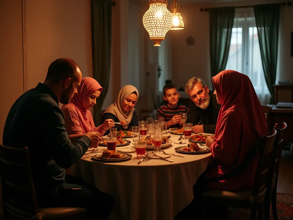 Create a Ramadan atmosphere, with Balkan families waiting for iftar, eating iftar and showing solidarity with each other. In this photo, men, women, some with headscarves, some without headscarves, and children sitting on chairs and tables eating iftar at home