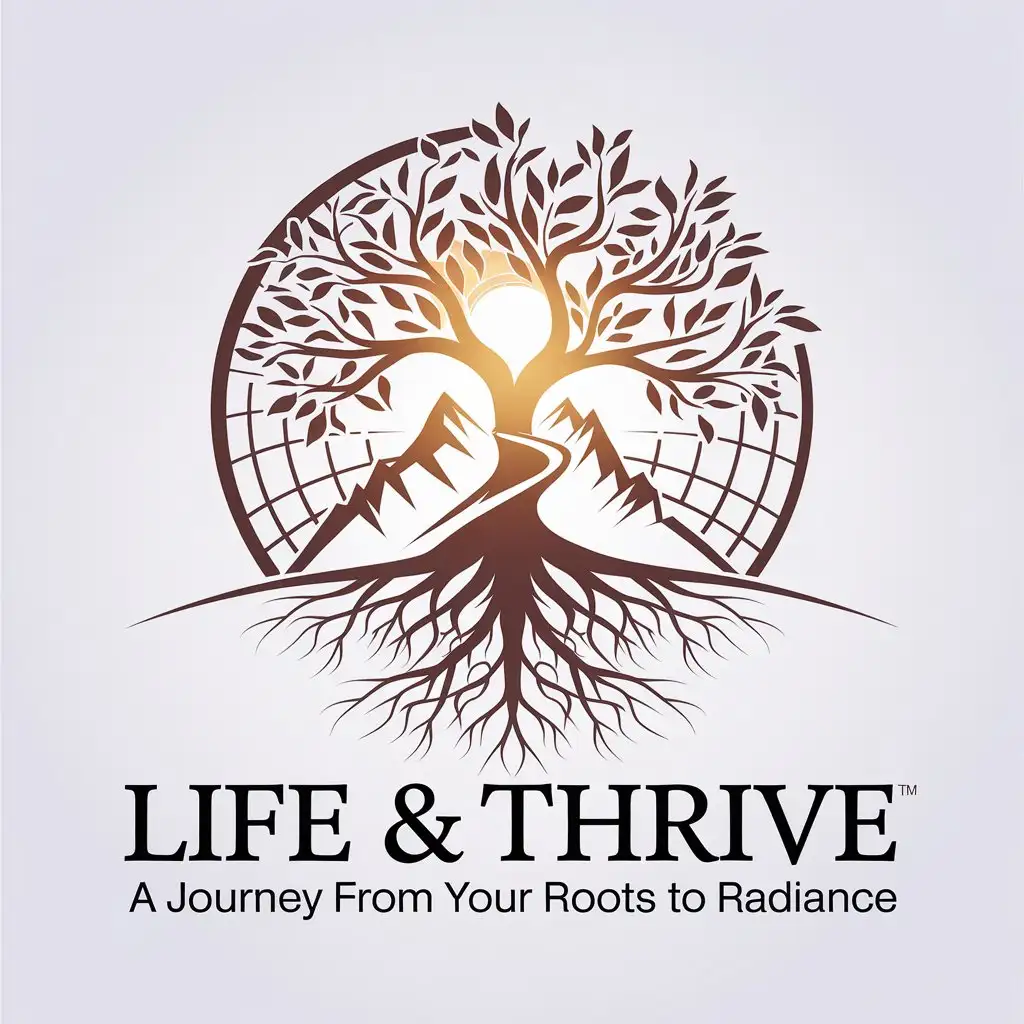 LOGO Design for Life Thrive Tree with Mountain Path and Sun Symbolizing Enlightenment and Growth