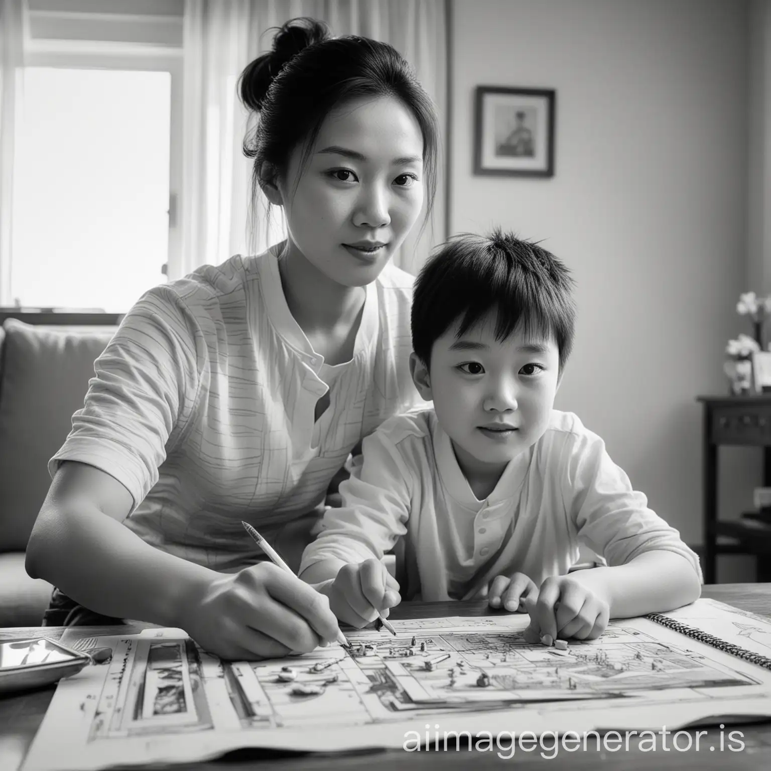 user_prompt: Generate an image: Pencil sketch portrait of a 30-year-old Chinese mother and her son playing games in the living room, focusing on the characters, white background, black and white shadow lines, exquisite facial features, and modern urban style