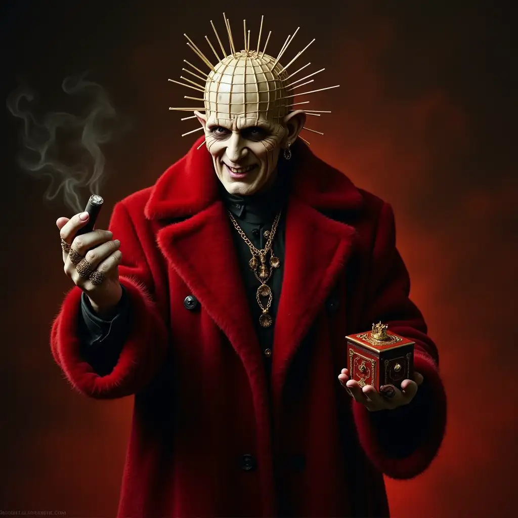 Pinhead from Hellraiser, he wears a red mink coat, he holds a small square Lament Configuration Box, in the other hand he holds a big cigar, he wears golden jewelry, smokey background, hellish background