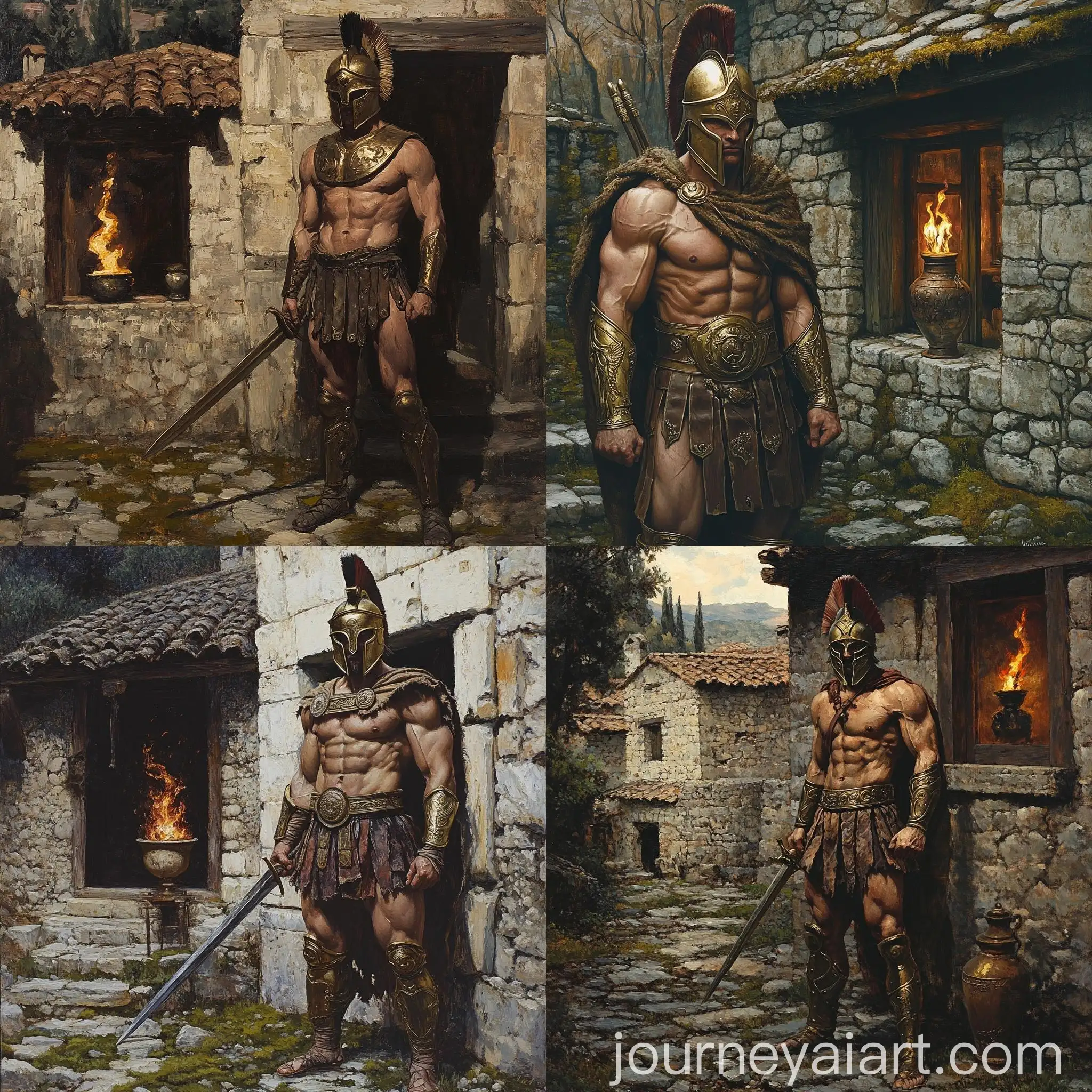 Spartan-Warrior-with-Corinthian-Helmet-and-Sword-in-Ancient-Setting
