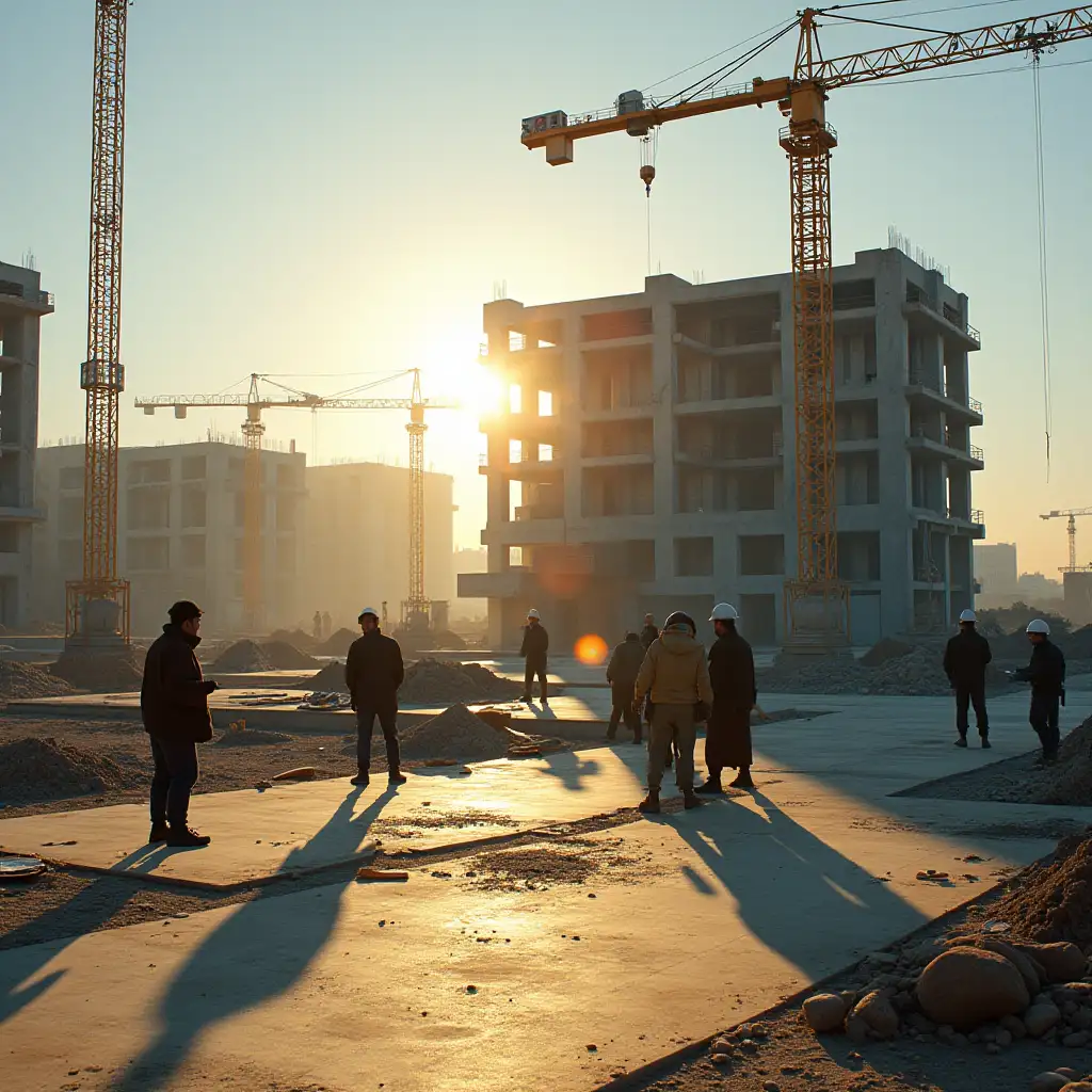 Certainly! Here's the English prompt written in Persian:  Construction workers are working on a partly built structure under the bright sun, casting long shadows on the ground. The scene is full of energy and activity, with tools and construction equipment scattered around.