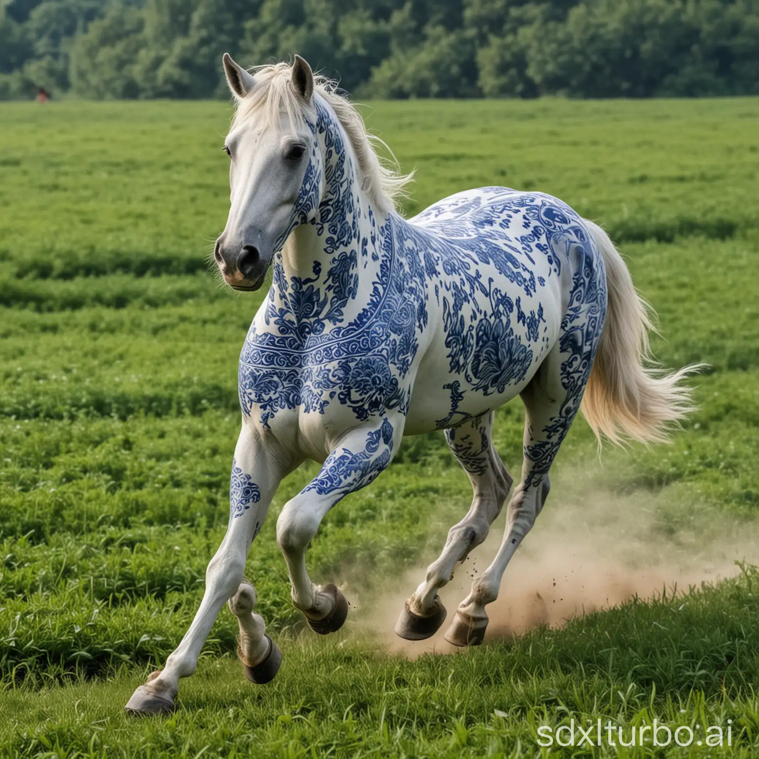 Elegant-Horse-Galloping-in-Chinese-Blue-and-White-Porcelain-Patterned-Field