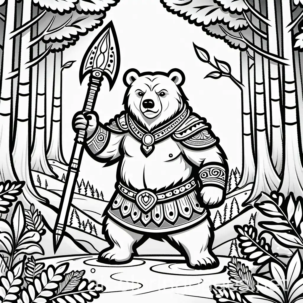 Fantasy-Bear-Coloring-Page-with-Spear-in-Forest