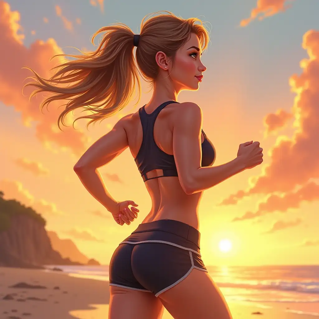 A realistic depiction of a woman running on a beach, looking back impressively. She has flowing hair, a confident expression, and is dressed in athletic wear that complements her fit physique. The background features a beautiful sunset, adding a warm and vibrant glow to the scene.