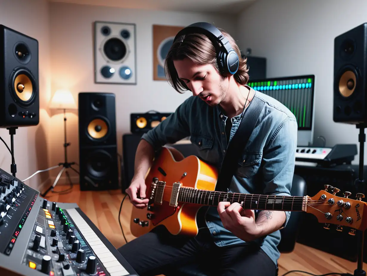 Guitarist Recording Music with Audio Interface in Home Studio