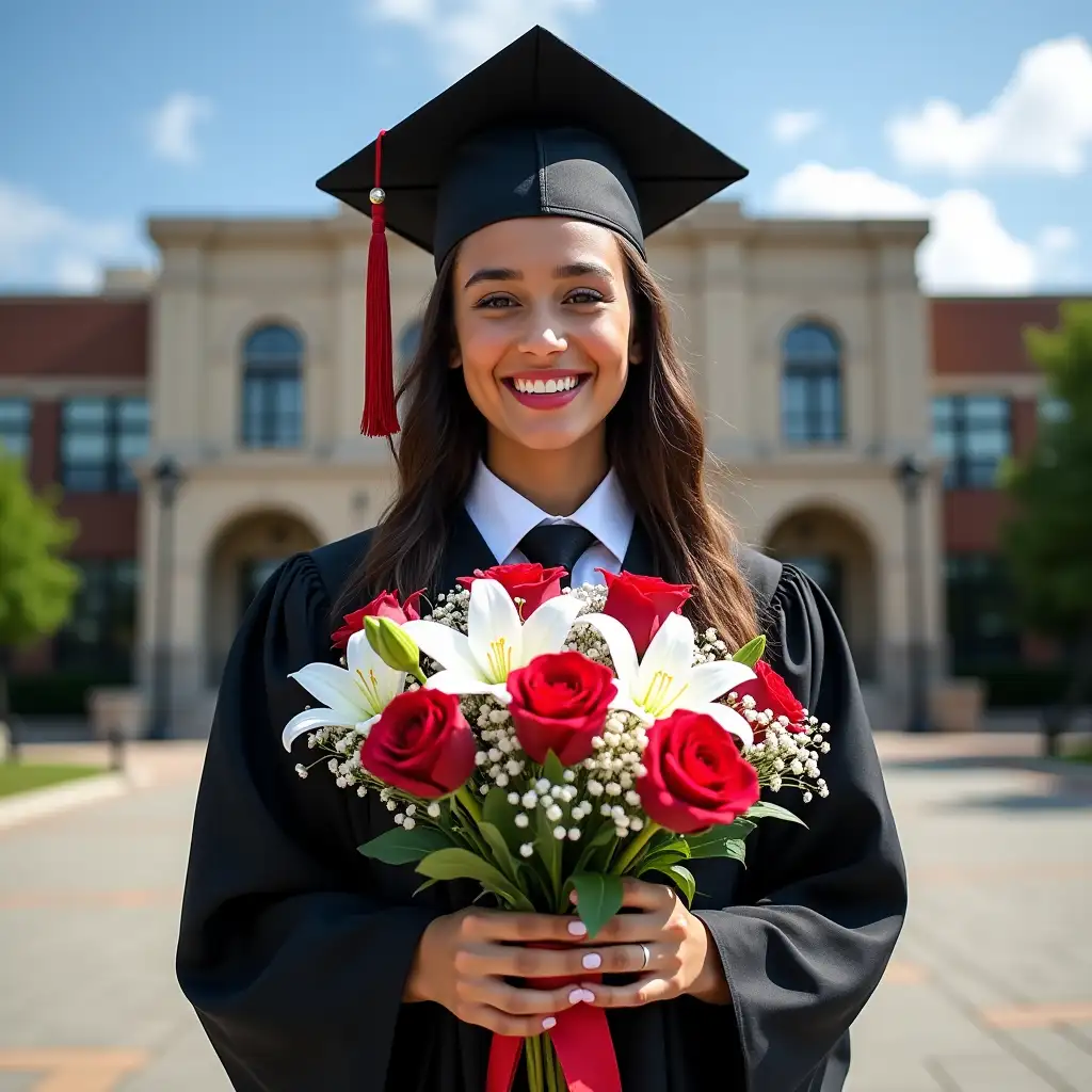 A high - resolution, vividly detailed image of a newly graduated high - school student. The student, wearing a traditional black graduation gown with a matching cap, has a tassel on the right side of the cap, and beneath the gown, a crisp white shirt and a neatly tied tie can be seen. The student's face is beaming with a wide, joyous smile, eyes bright with a mix of pride and excitement for the future. Both hands are delicately cupping a beautiful bouquet of flowers. The bouquet is a harmonious blend of red roses symbolizing passion and achievement, white lilies representing purity and new beginnings, and small sprigs of baby's breath adding a touch of softness. The flowers are tied together with a satin ribbon in the school's colors, adding a personal and sentimental touch. The background features the iconic facade of the high - school building, with its large arched windows and stone - paved entrance. There are some green plants and trees around the building, and the sky above is a clear blue with a few fluffy white clouds, suggesting a bright and promising day. The lighting is natural, casting soft shadows and highlighting the textures of the graduation gown, the petals of the flowers, and the student's happy expression.