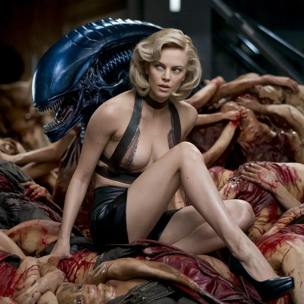 Cinematic-Portrait-of-a-Beautiful-Female-Monster-in-Miniskirt-Posing-on-a-Pile-of-Corpses