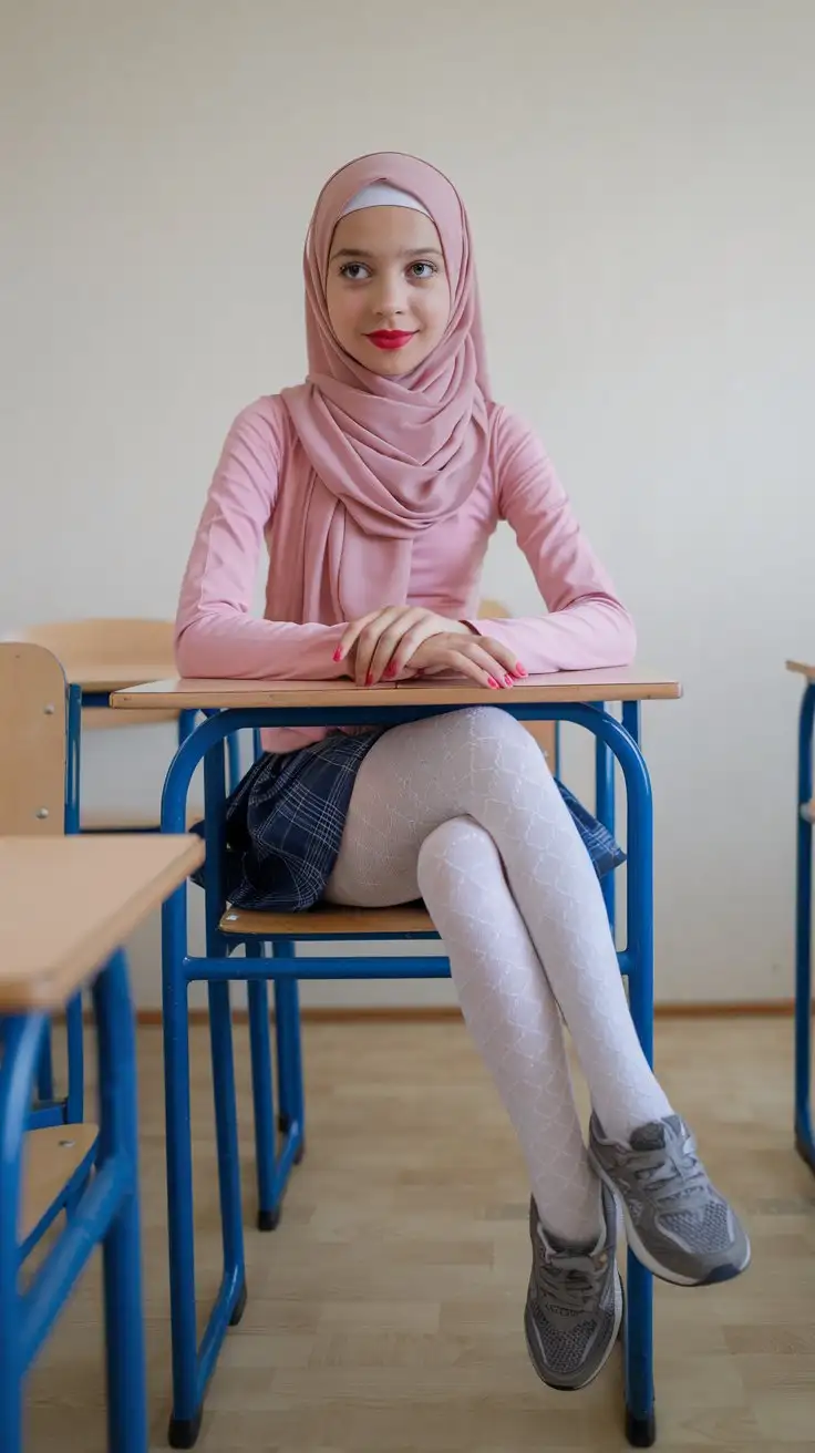 14 years old petite girl elegant sitting on a desk. Crossed legs. candid pose, She is wearing a pink long-sleeved top and a matching hijab. Her outfit includes school skirt, white patterned tights, and she is wearing small running shoes. The room has light wood flooring and a plain light-colored wall in the classroom. Red lips, beautiful, close-up body.  pink nail polish 