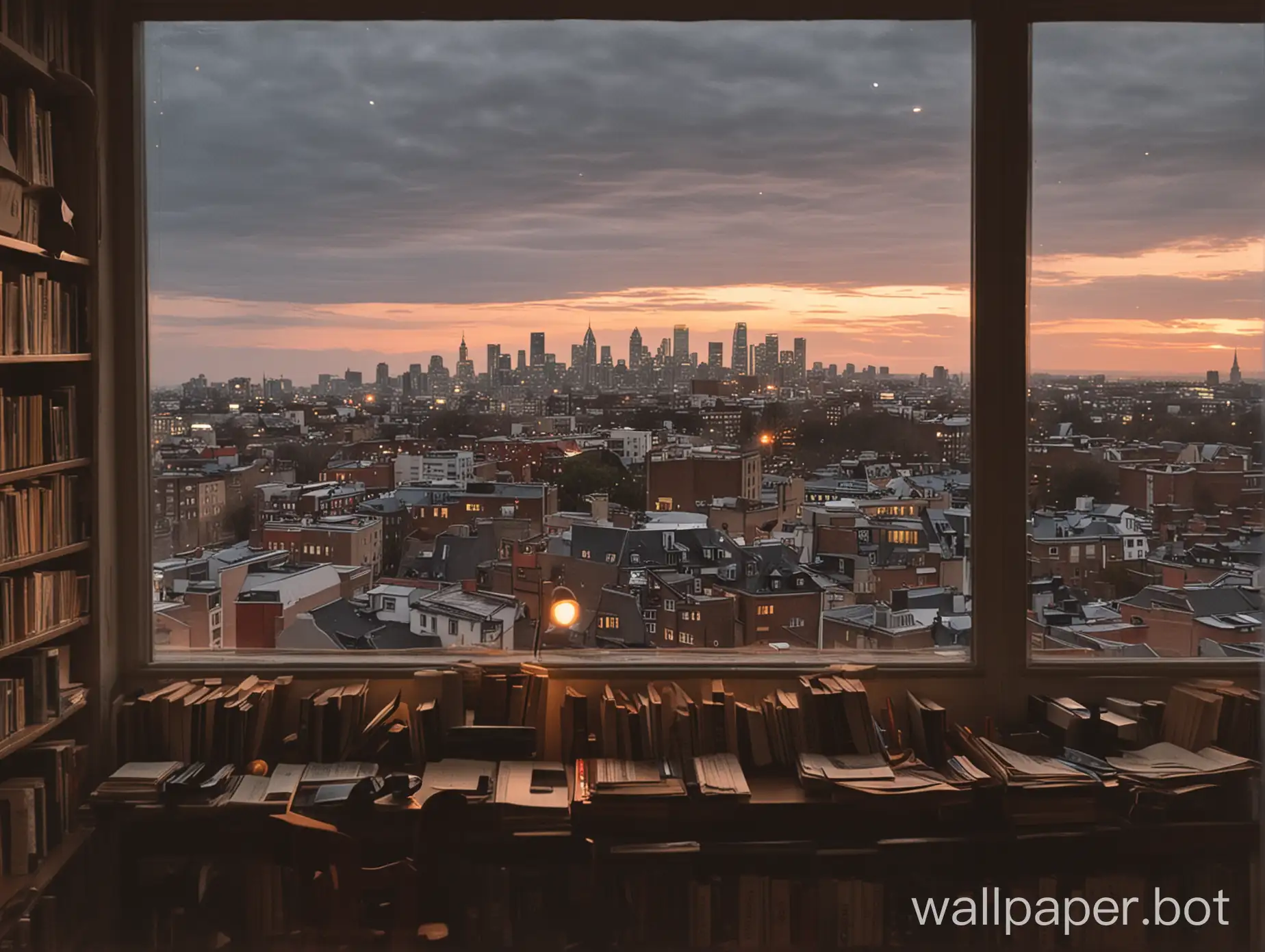 looking at the city view from the lo-fi ambiance in the evening library