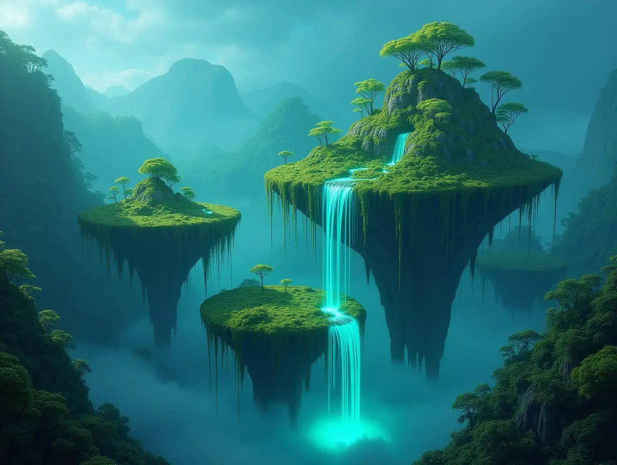 Floating Islands of Lumora - A series of lush, moss-covered islands floating in the sky, connected by cascading waterfalls and glowing bioluminescent vines