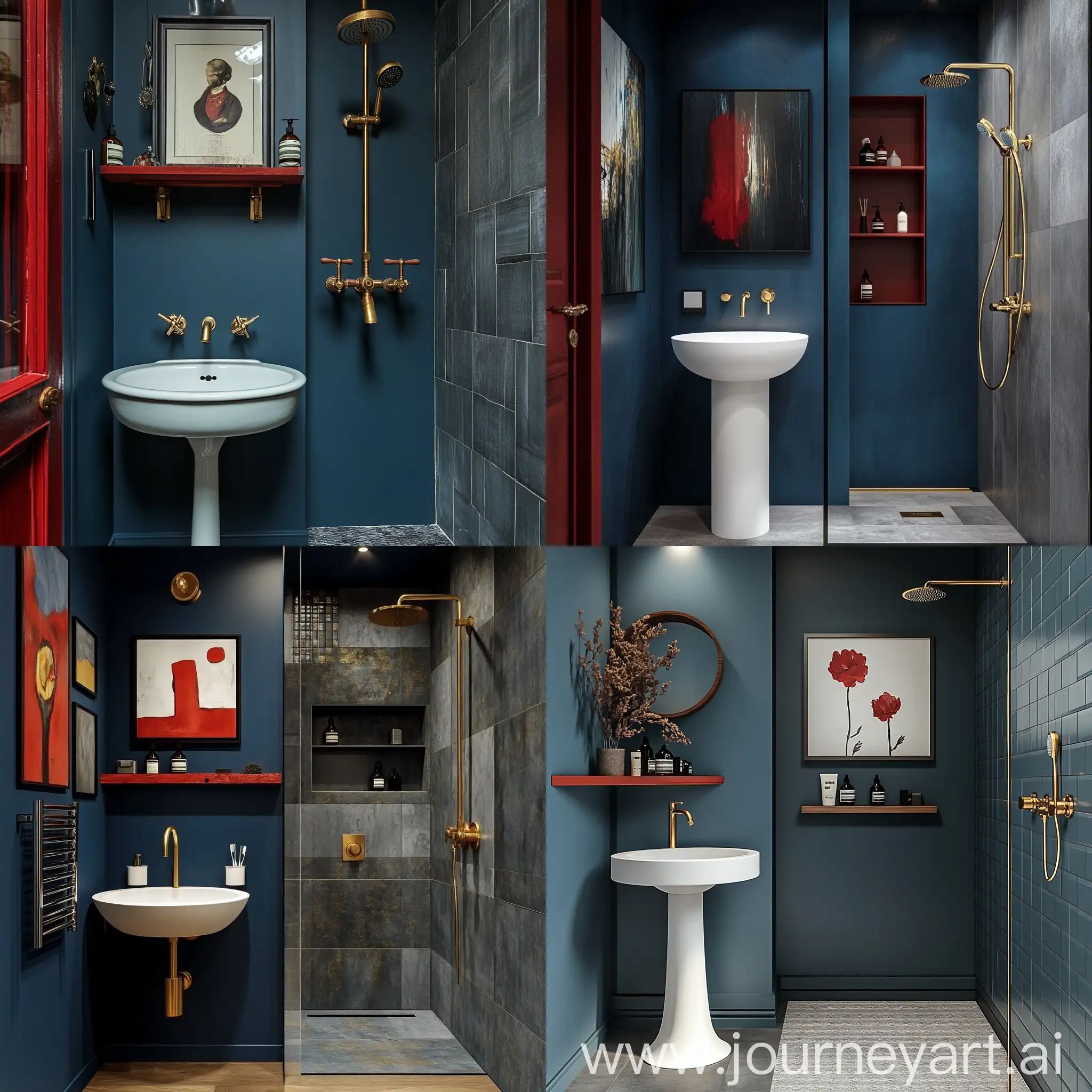 Elegant-Bathroom-with-Deep-Blue-Walls-Golden-Shower-Fixtures-and-Red-Wood-Accents